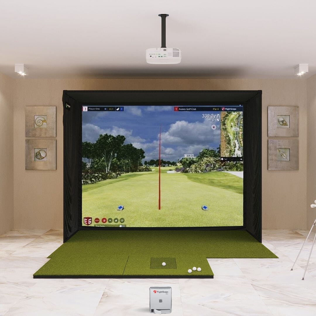 MEVO Gen2 SIG10 4x7 golf mat in a golf simulator package 
