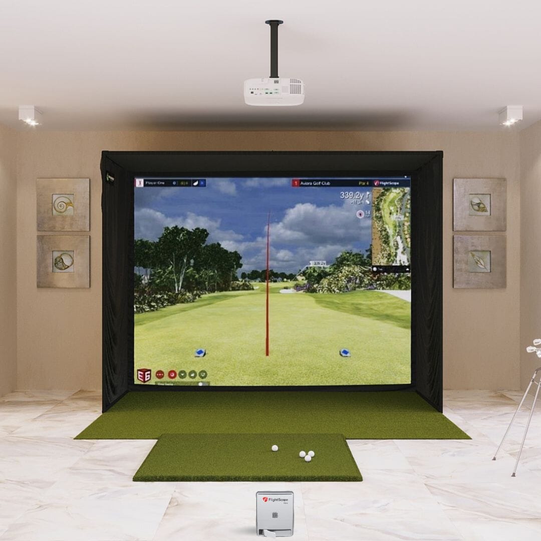 MEVO Gen2 SIG10 5x5 golf mat in a golf simulator package 
